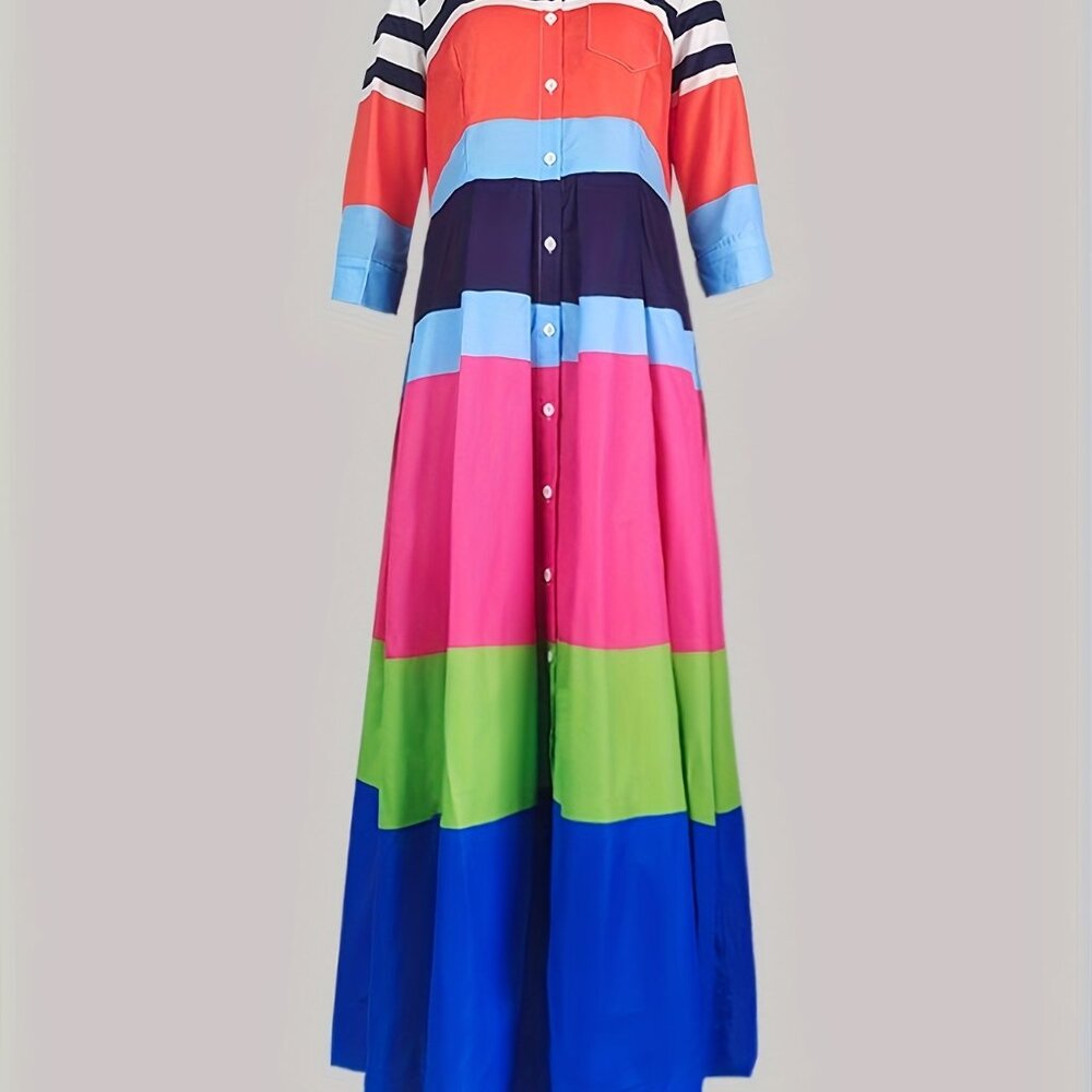 Lapel Long Sleeves Shirt Dress Multi-colored Striped A-line Maxi Dress - Picture 3 of 6